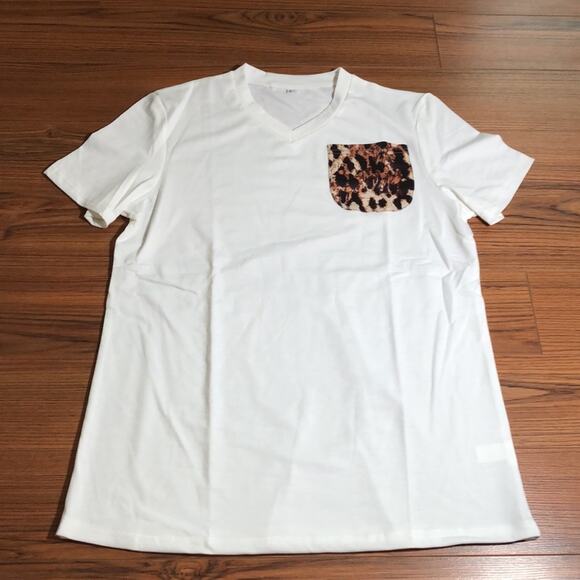 New MIHOLL V-Neck T-Shirt with Leopard Print Pocket Short Sleeve Size Small - Picture 2 of 6